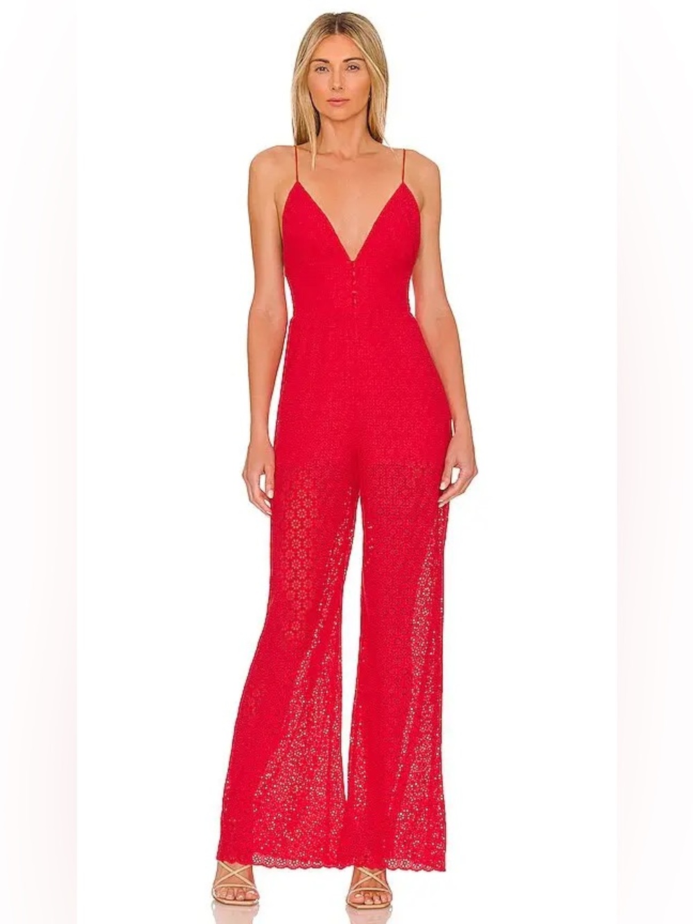 Alice + Olivia Red Lace Plunge V-Neck Wide-Leg Jumpsuit